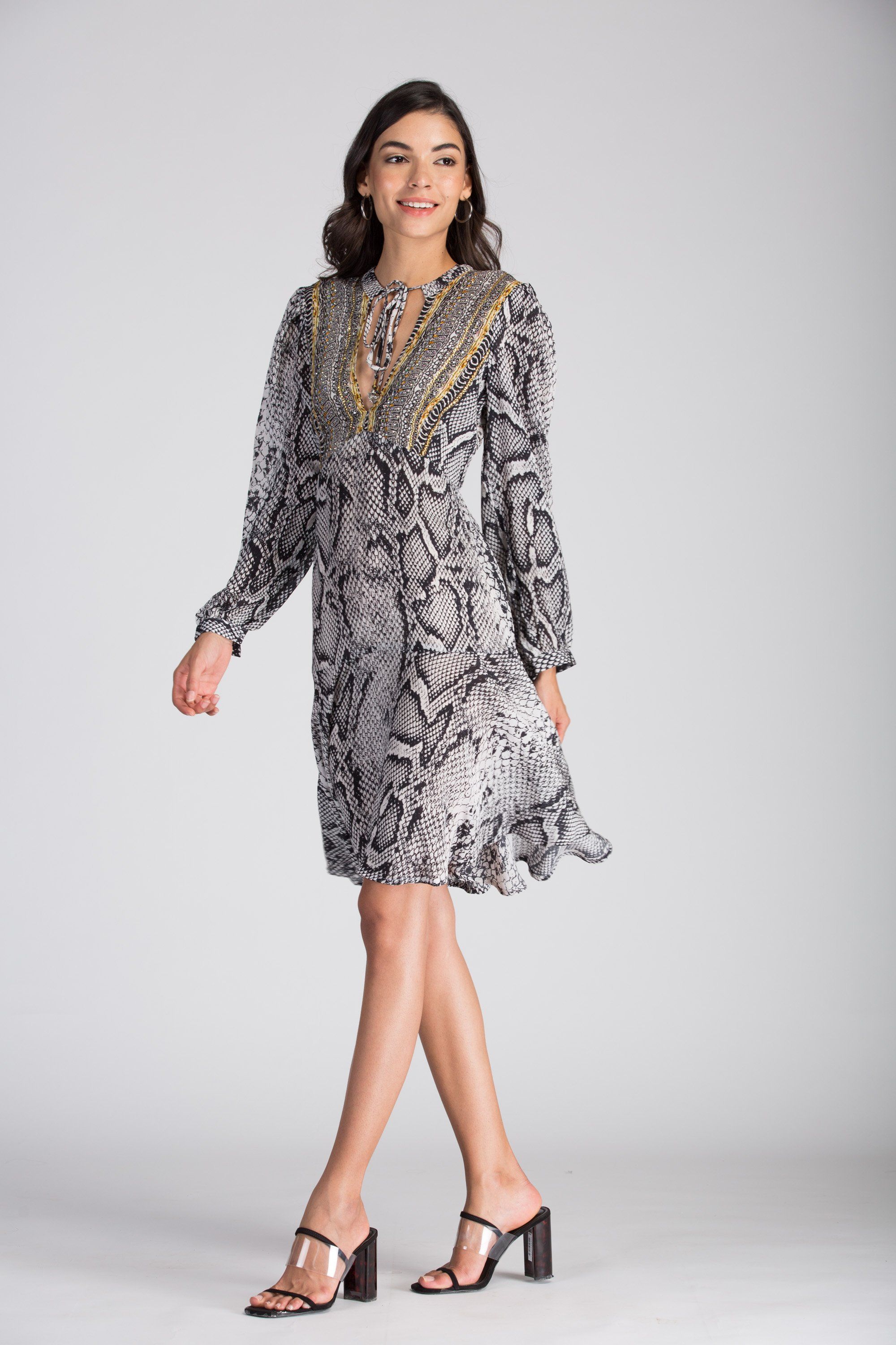 THE WHITESNAKE -  Boho Mini Dress With Bell Sleeve - TheSwankStore