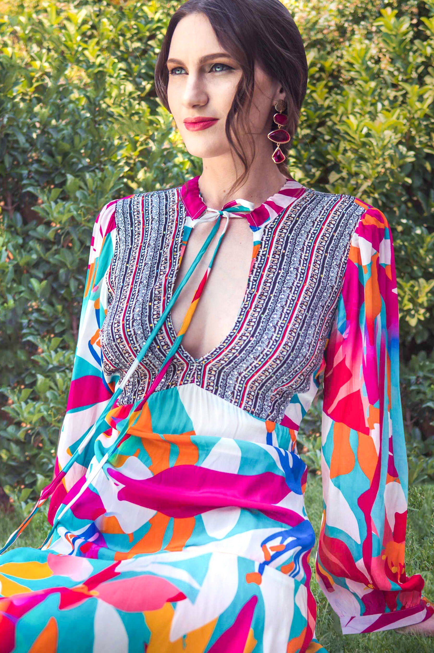 KALEIDOSCOPE -  Boho Mini Dress With Bell Sleeve - TheSwankStore